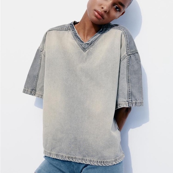 Zara | Tops | Zara Denim Shirt Trf Light Gray 89710 Size L